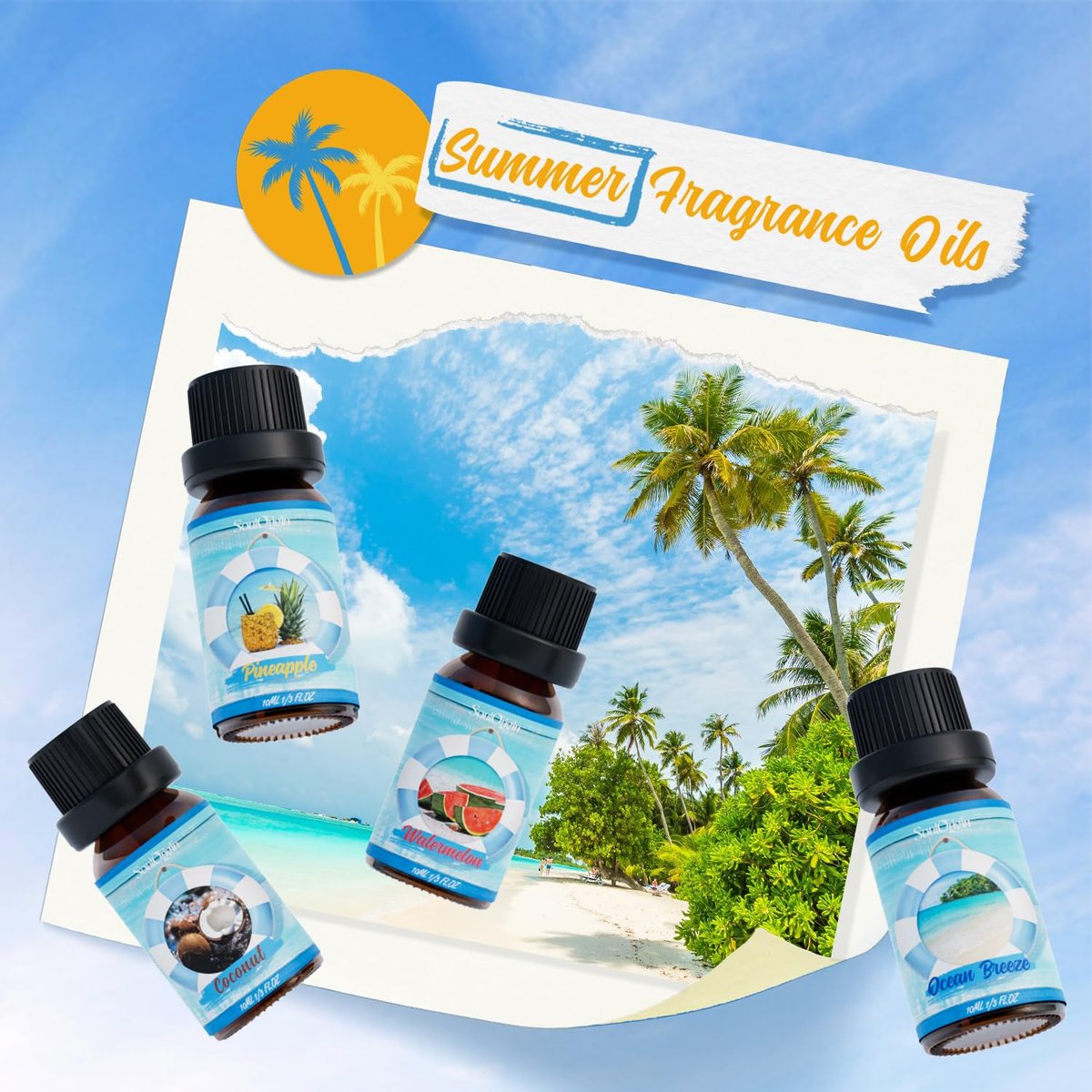 Soulorigin Sommer Ätherische Öle Set, Duftöl Geschenkset für Diffusoren, Duftöle für Seifen- und Kerzenherstellung 6x10ml – Meeresbrise, Ananas, Wassermelone, Kokosnuss, Pink Beach und Piña Colada