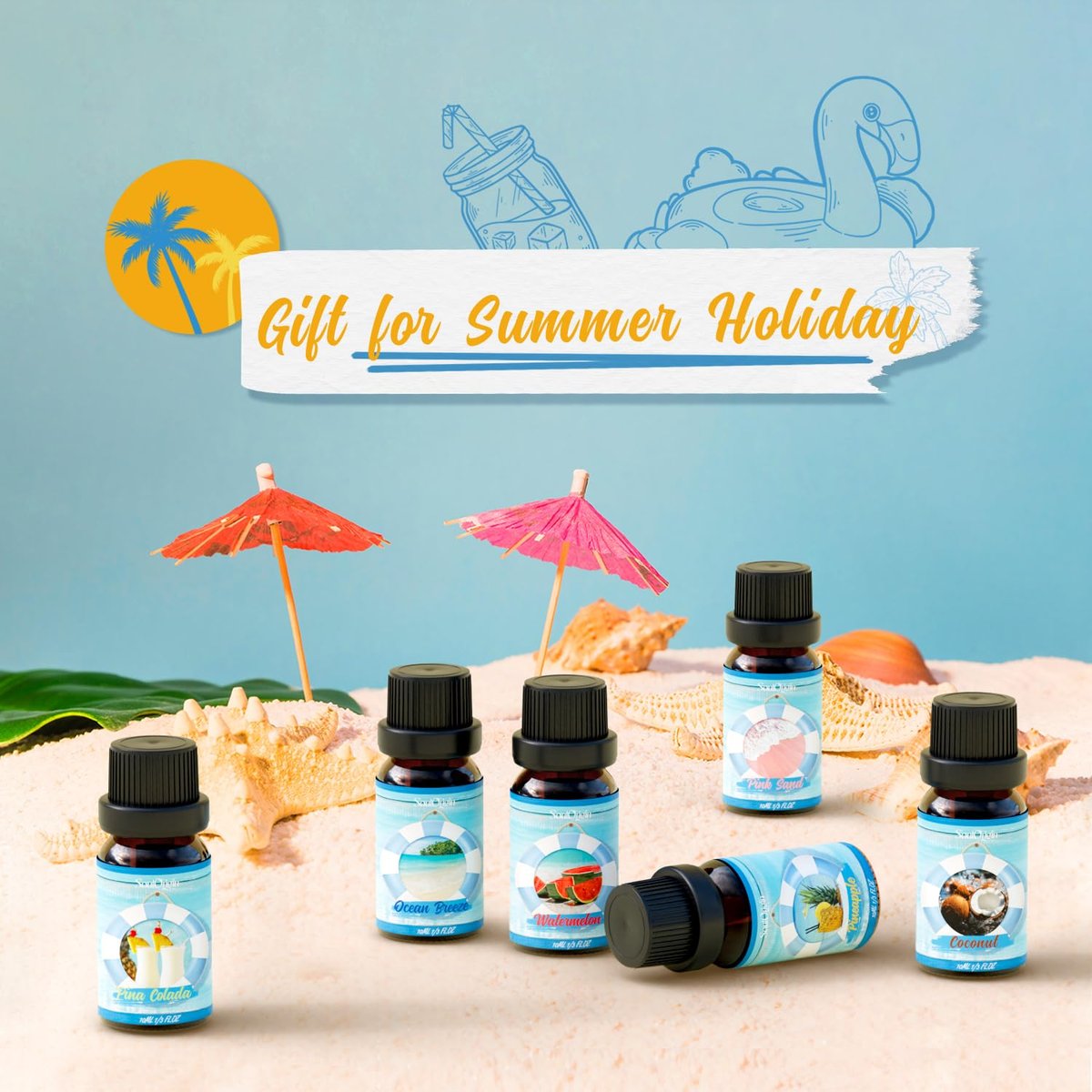 Soulorigin Sommer Ätherische Öle Set, Duftöl Geschenkset für Diffusoren, Duftöle für Seifen- und Kerzenherstellung 6x10ml – Meeresbrise, Ananas, Wassermelone, Kokosnuss, Pink Beach und Piña Colada