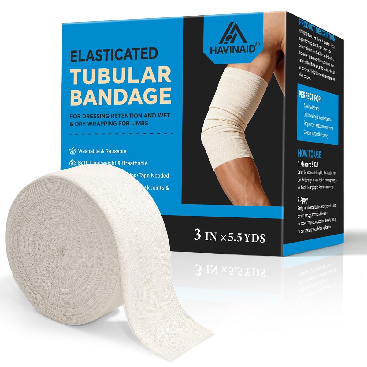 Latexfreie elastische tubuläre Stützbandage aus Baumwoll-Schlauchverband, atmungsaktive Kompressionshülle für Gelenk- und Gewebeunterstützung an Armen, Knien, Beinen (3" x 5,5 Yards) Größe D