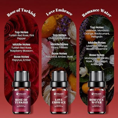 Date Night Duftöle Set – Premium ätherische Öle für Kerzen-, Seifen- und Parfümherstellung, Rosenöl türkisch, Romantikwasser, Valentinstagsgeschenk für Frauen (6 x 10 ml)