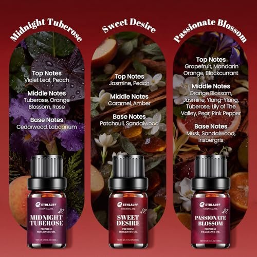 Date Night Duftöle Set – Premium ätherische Öle für Kerzen-, Seifen- und Parfümherstellung, Rosenöl türkisch, Romantikwasser, Valentinstagsgeschenk für Frauen (6 x 10 ml)