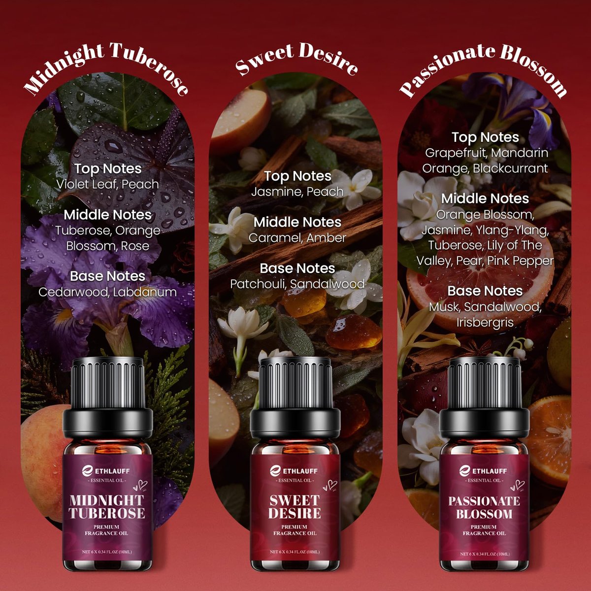 Date Night Duftöle Set – Premium ätherische Öle für Kerzen-, Seifen- und Parfümherstellung, Rosenöl türkisch, Romantikwasser, Valentinstagsgeschenk für Frauen (6 x 10 ml)