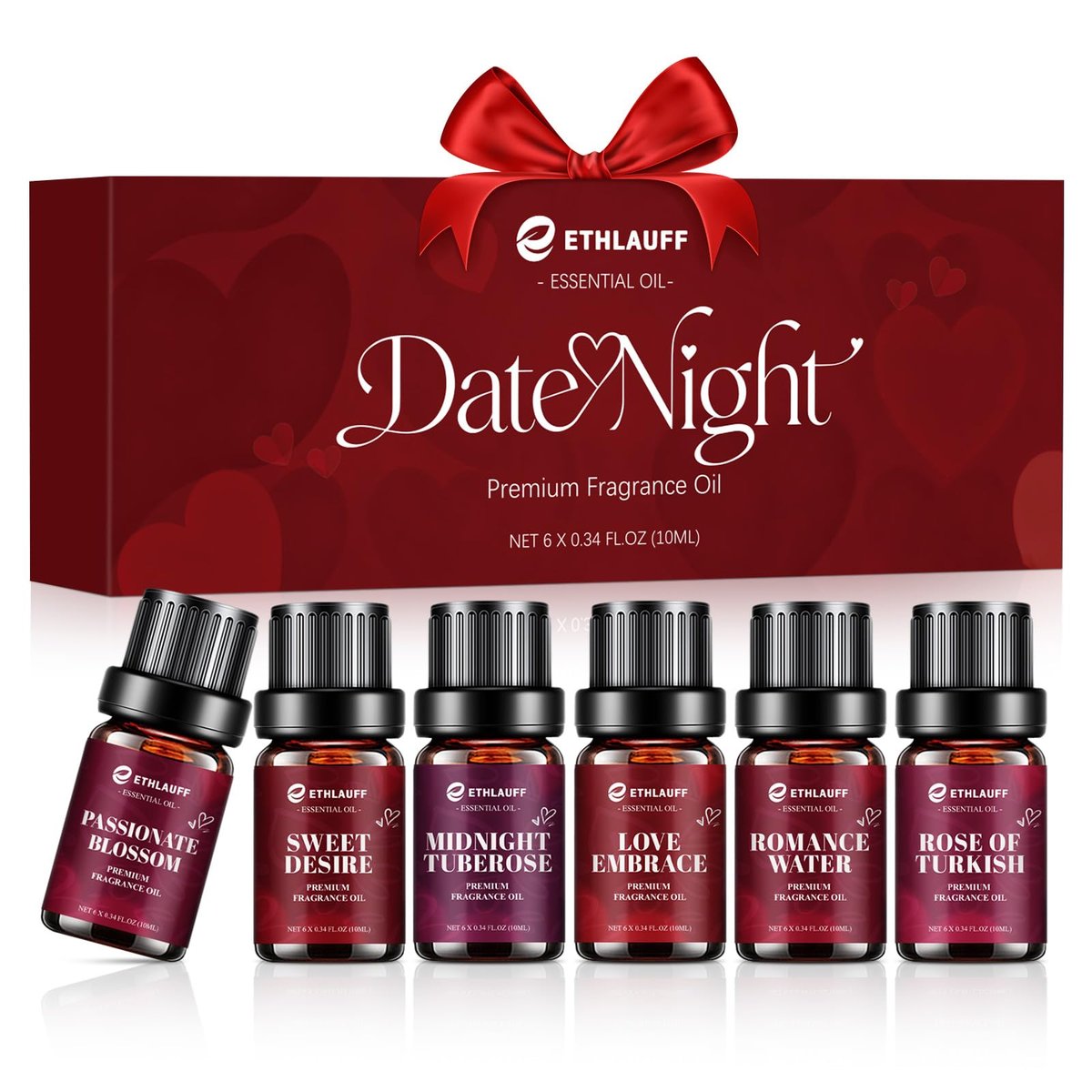 Date Night Duftöle Set – Premium ätherische Öle für Kerzen-, Seifen- und Parfümherstellung, Rosenöl türkisch, Romantikwasser, Valentinstagsgeschenk für Frauen (6 x 10 ml)