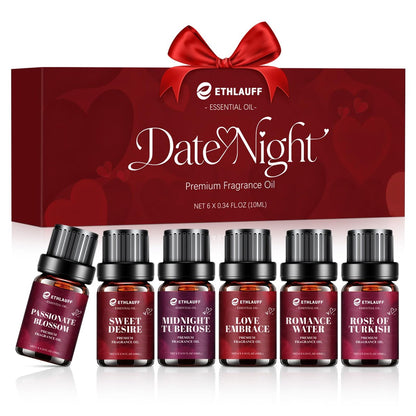 Date Night Duftöle Set – Premium ätherische Öle für Kerzen-, Seifen- und Parfümherstellung, Rosenöl türkisch, Romantikwasser, Valentinstagsgeschenk für Frauen (6 x 10 ml)
