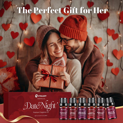 Date Night Duftöle Set – Premium ätherische Öle für Kerzen-, Seifen- und Parfümherstellung, Rosenöl türkisch, Romantikwasser, Valentinstagsgeschenk für Frauen (6 x 10 ml)