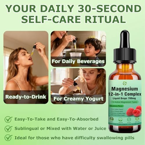 Magnesium 12-in-1 Komplex flüssige Tropfen 700 mg – Hochabsorbierendes Magnesiumglycinat, Citrat, Malat, Taurat & 8 Formen – Nahrungsergänzungsmittel für Schlaf, Muskeln, Nerven, Energie und Herzgesundheit