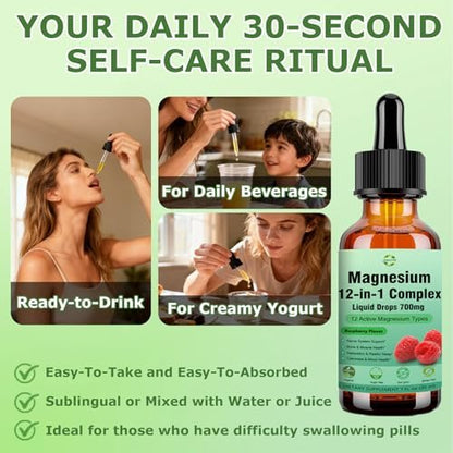 Magnesium 12-in-1 Komplex flüssige Tropfen 700 mg – Hochabsorbierendes Magnesiumglycinat, Citrat, Malat, Taurat & 8 Formen – Nahrungsergänzungsmittel für Schlaf, Muskeln, Nerven, Energie und Herzgesundheit