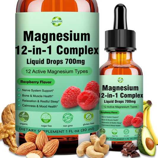 Magnesium 12-in-1 Komplex flüssige Tropfen 700 mg – Hochabsorbierendes Magnesiumglycinat, Citrat, Malat, Taurat & 8 Formen – Nahrungsergänzungsmittel für Schlaf, Muskeln, Nerven, Energie und Herzgesundheit