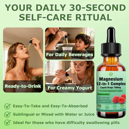 Magnesium 12-in-1 Komplex flüssige Tropfen 700 mg – Hochabsorbierendes Magnesiumglycinat, Citrat, Malat, Taurat & 8 Formen – Nahrungsergänzungsmittel für Schlaf, Muskeln, Nerven, Energie und Herzgesundheit