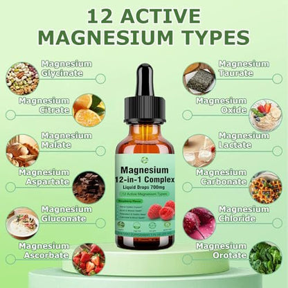 Magnesium 12-in-1 Komplex flüssige Tropfen 700 mg – Hochabsorbierendes Magnesiumglycinat, Citrat, Malat, Taurat & 8 Formen – Nahrungsergänzungsmittel für Schlaf, Muskeln, Nerven, Energie und Herzgesundheit