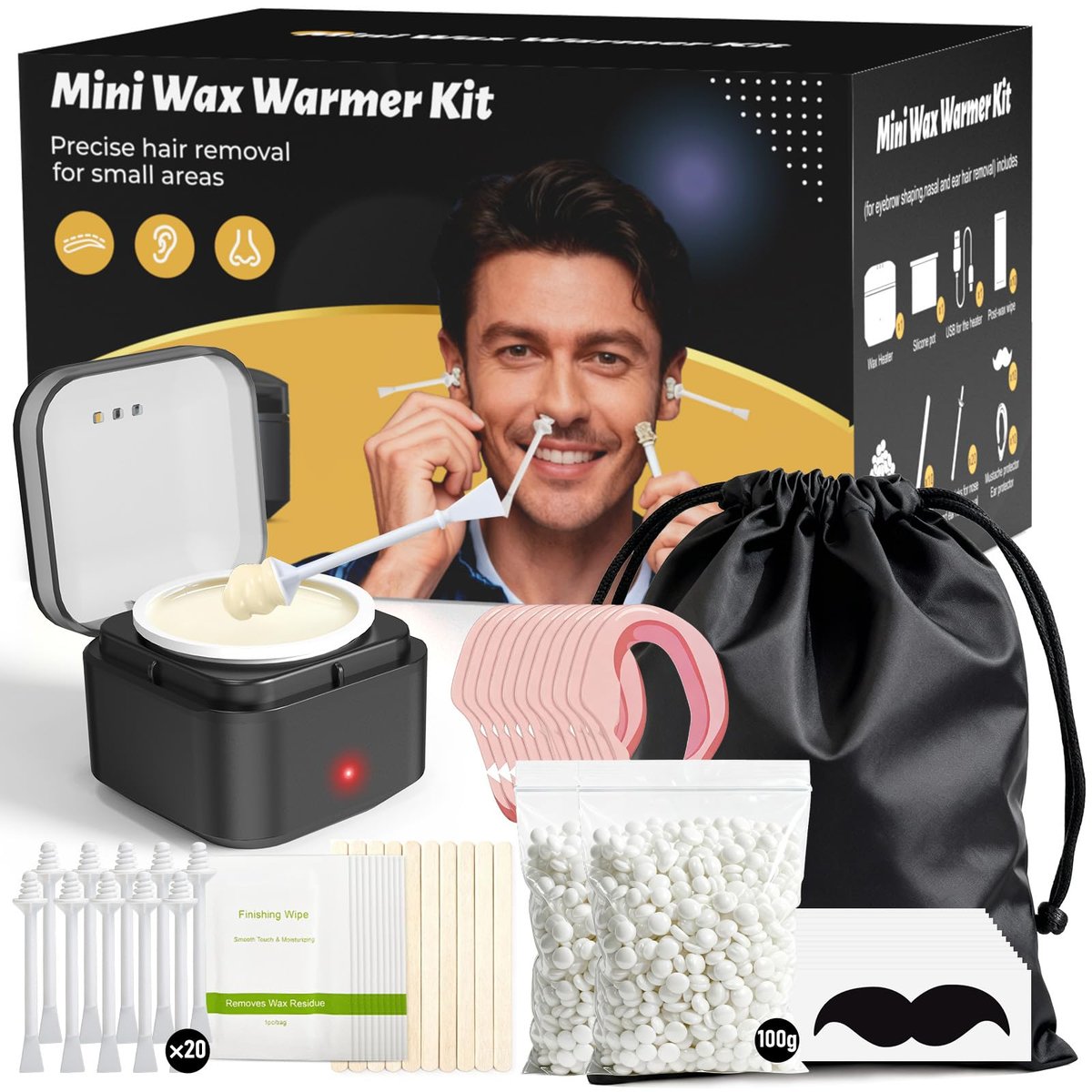 Nasenwachs-Set für Männer: Nasen- und Ohrenhaarentfernung mit intelligenter Temperaturregelung & USB-C Schnellheizung – 100g Hartwachs-Perlen, 20 Sticks & Reisetasche – Hält bis zu 7 Wochen, 15 Anwendungen