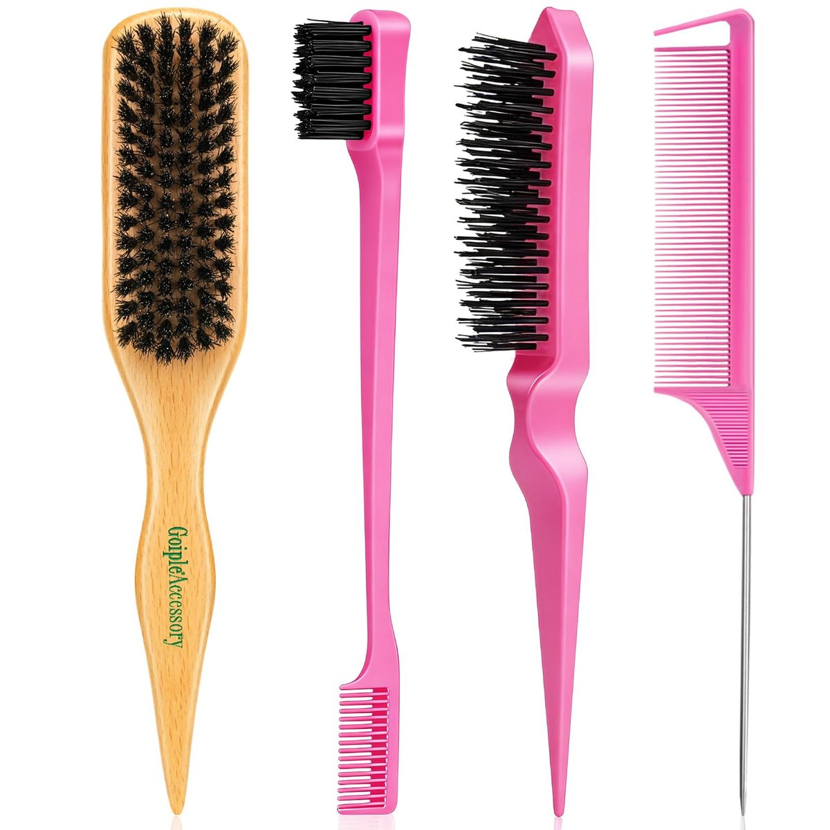 Boar Bristle Slick Back Haarbürste für glatte Flyaways, Frizz, glatte Ponytails, Dutts und Babyhaare, Teasing | Haarkamm, Edge Brush, Teasing Kamm Rattenschwanzkamm für Mädchen, Kinder, Frauen & Männer
