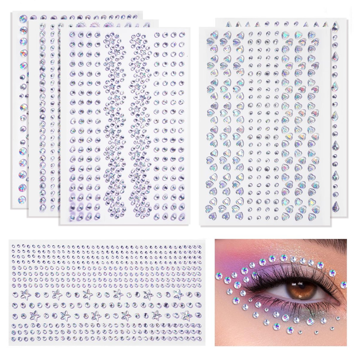 Rosiour 1642 Teile selbstklebende Gesichtssteine und Strasssteine für Augen, Haare und Körper – Glitzernde Aufkleber für Make-up, Rave-Accessoires, Nagelkunst, DIY & Festivals