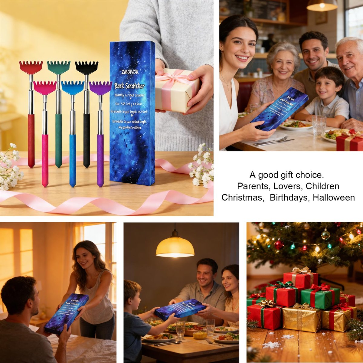 ZMOIVOK 6er Set Rückenkratzer – Edelstahlkopf mit Gummigriff, ausziehbar – Geschenkverpackung für Weihnachten, Mix