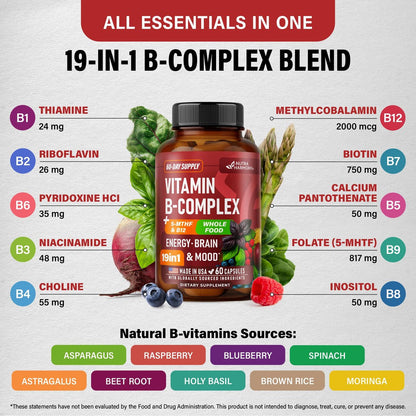 Vitamin B Komplex – B1 | B2 | B3 | B5 | B6 | Biotin | B12 | 5-MTHF – Astragalus & Vollwertmischung – Energie, Stoffwechsel & Gehirn – B-Vitamine für Frauen & Männer – Laborgeprüft – 60 Kapseln, 60 Tage Vorrat
