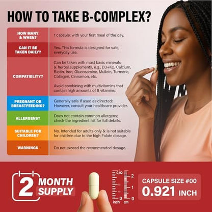 Vitamin B Komplex – B1 | B2 | B3 | B5 | B6 | Biotin | B12 | 5-MTHF – Astragalus & Vollwertmischung – Energie, Stoffwechsel & Gehirn – B-Vitamine für Frauen & Männer – Laborgeprüft – 60 Kapseln, 60 Tage Vorrat