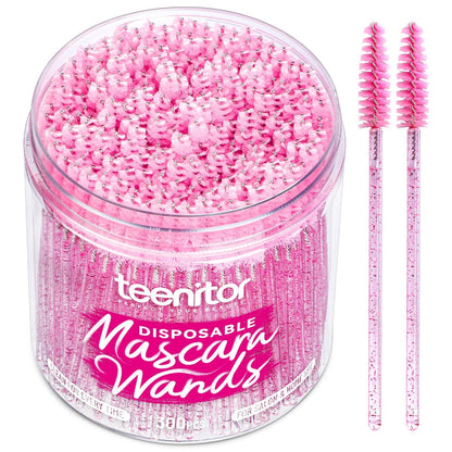 Teenitor 300 Stück Mascara Wimpernbürsten Einweg, Wimpernbürste Augenbrauenbürste Mascara Spoolies, Augenbrauenbürste für Wimpernverlängerungen, Einweg Make-up Applikator mit Behälter, Kristallrosa