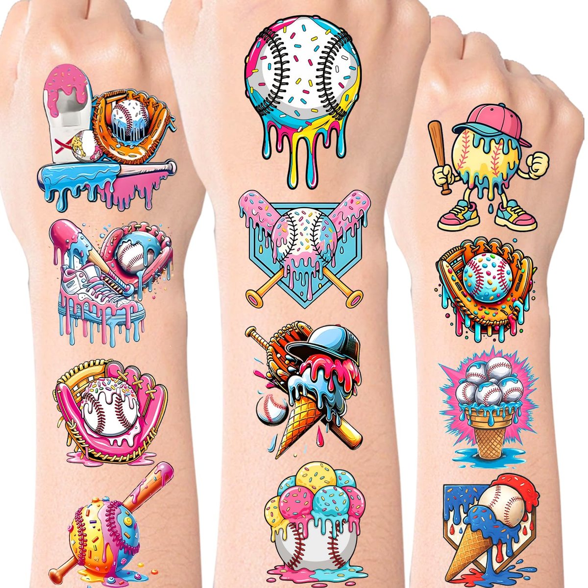 Baseball Eiscreme Drip Temporäre Tattoos Aufkleber – Bunte Sport-Themen Tattoos für Baseballteams, Geburtstagsfeiern und Mottopartys