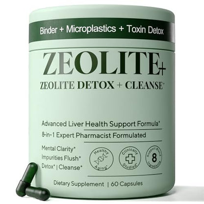Zeolith Binder Detox – 8-in-1 Clinoptilolith Mikroplastik & Ganzkörper-Detox mit Aktivkohle, NAC & Mariendistel – Leberreinigung & Reparatur, Darmgesundheit für Erwachsene – 60 Kapseln