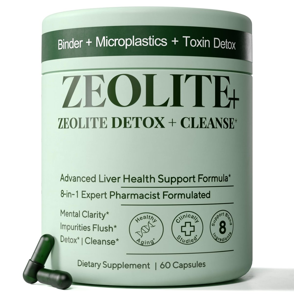Zeolith Binder Detox – 8-in-1 Clinoptilolith Mikroplastik & Ganzkörper-Detox mit Aktivkohle, NAC & Mariendistel – Leberreinigung & Reparatur, Darmgesundheit für Erwachsene – 60 Kapseln