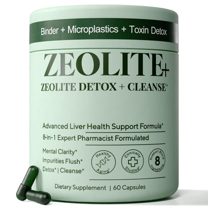 Zeolith Binder Detox – 8-in-1 Clinoptilolith Mikroplastik & Ganzkörper-Detox mit Aktivkohle, NAC & Mariendistel – Leberreinigung & Reparatur, Darmgesundheit für Erwachsene – 60 Kapseln