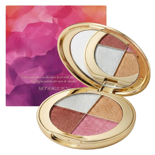 4-Farben Highlighter & Rouge Palette, Schimmer Lidschatten Make-up Set, 2-in-1 Gesichts-Illuminator-Puder mit Spiegel, langanhaltender Diamantglanz, Reisegröße für natürliche Ausstrahlung (Gold)