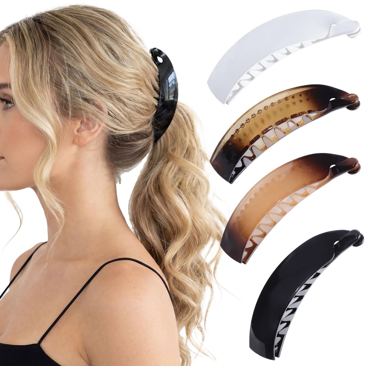 Obeoby 4er-Pack Bananen-Haarklammern, 10 cm Haarklammern für Frauen und Mädchen, Retro 80er Jahre Haaraccessoires, langlebige Plastik-Claw-Clips für dickes Haar, Geschenke (Schwarz, Weiß, Braun)