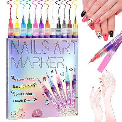 12 Farben Nagelkunststifte, 0,5 mm Feinspitze 3D Acryl-Polierstift-Set, wasserfest, schnell trocknend, Dotting-Graffiti-Zeichen-Liner-Pinsel, DIY Nageldesign-Maniküre-Werkzeuge für Anfängerinnen, Frauen, Zuhause und Salon