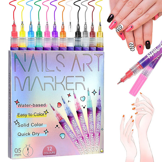 12 Farben Nagelkunststifte, 0,5 mm Feinspitze 3D Acryl-Polierstift-Set, wasserfest, schnell trocknend, Dotting-Graffiti-Zeichen-Liner-Pinsel, DIY Nageldesign-Maniküre-Werkzeuge für Anfängerinnen, Frauen, Zuhause und Salon