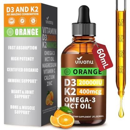 VivoNu Vitamin D3 K2 Tropfen – 20000 IE D3 & 400 µg K2 als MK-7 mit Magnesium, Calcium, Zink & Omega 3 – Orangen-Geschmack – 2 Unzen