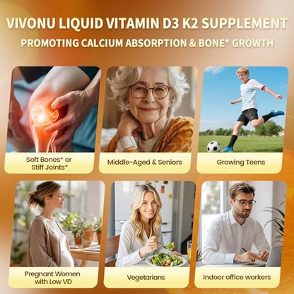 VivoNu Vitamin D3 K2 Tropfen – 20000 IE D3 & 400 µg K2 als MK-7 mit Magnesium, Calcium, Zink & Omega 3 – Orangen-Geschmack – 2 Unzen
