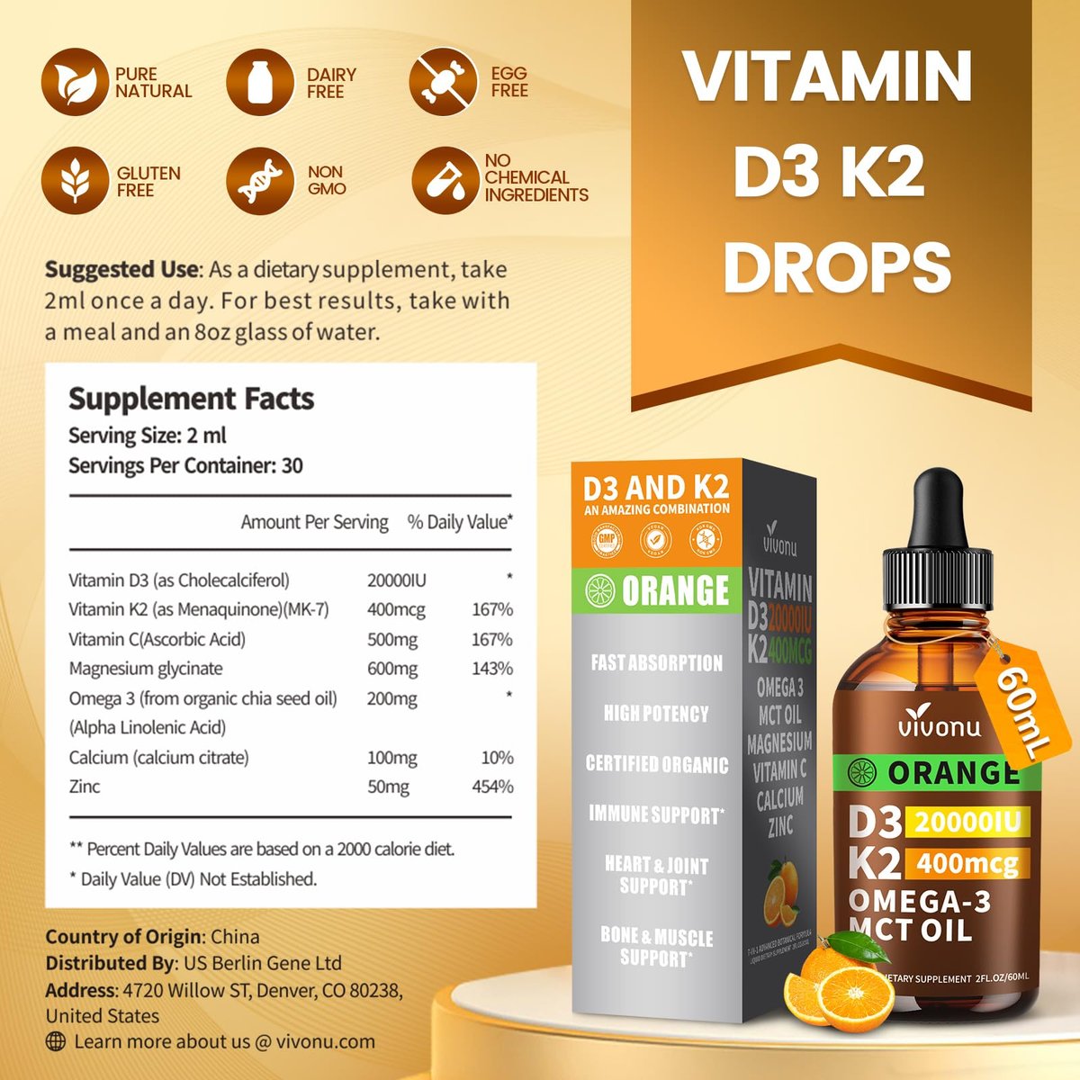 VivoNu Vitamin D3 K2 Tropfen – 20000 IE D3 & 400 µg K2 als MK-7 mit Magnesium, Calcium, Zink & Omega 3 – Orangen-Geschmack – 2 Unzen