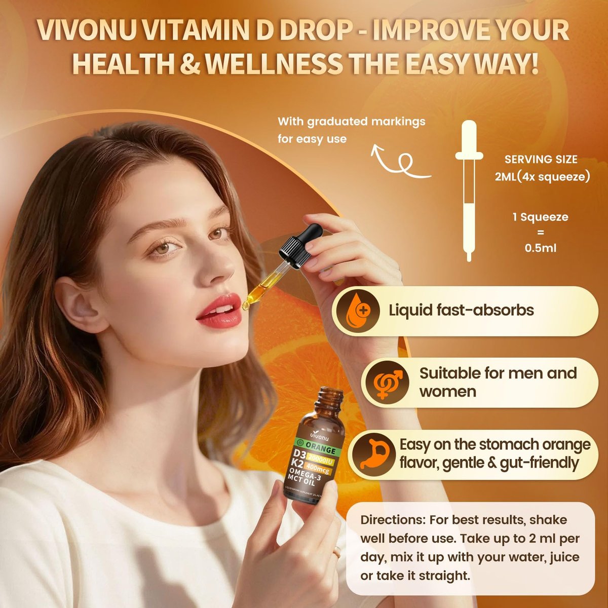 VivoNu Vitamin D3 K2 Tropfen – 20000 IE D3 & 400 µg K2 als MK-7 mit Magnesium, Calcium, Zink & Omega 3 – Orangen-Geschmack – 2 Unzen