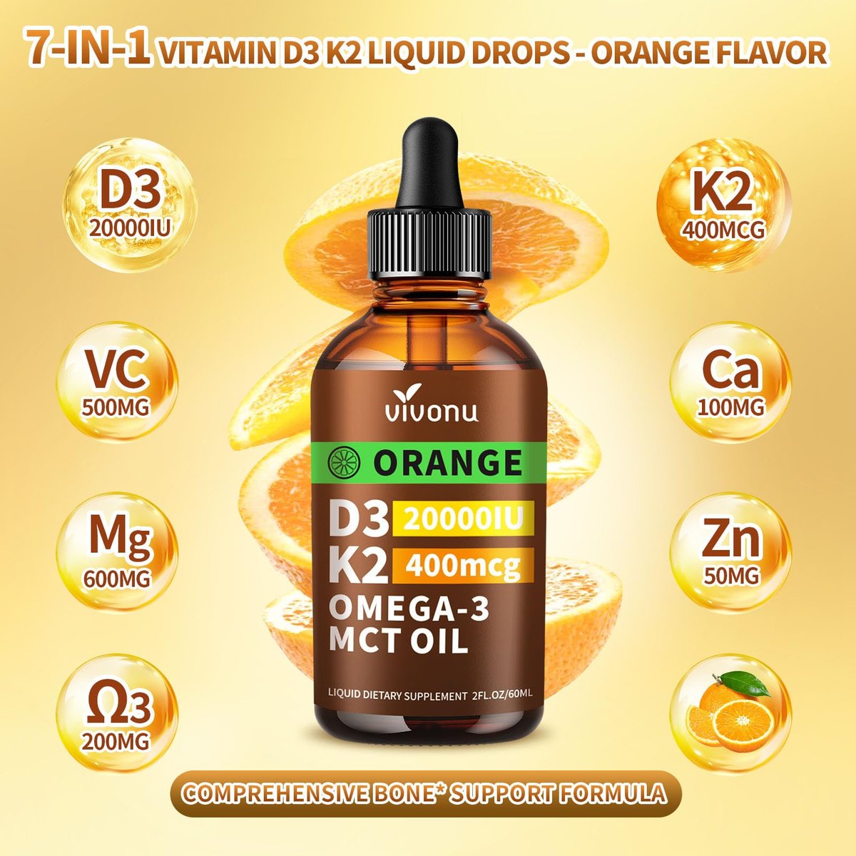 VivoNu Vitamin D3 K2 Tropfen – 20000 IE D3 & 400 µg K2 als MK-7 mit Magnesium, Calcium, Zink & Omega 3 – Orangen-Geschmack – 2 Unzen
