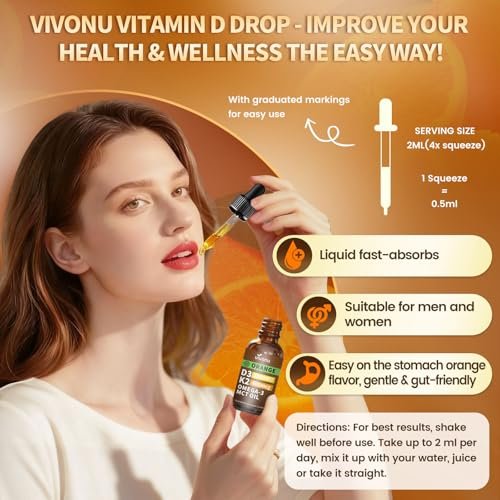 VivoNu Vitamin D3 K2 Tropfen – 20000 IE D3 & 400 µg K2 als MK-7 mit Magnesium, Calcium, Zink & Omega 3 – Orangen-Geschmack – 2 Unzen