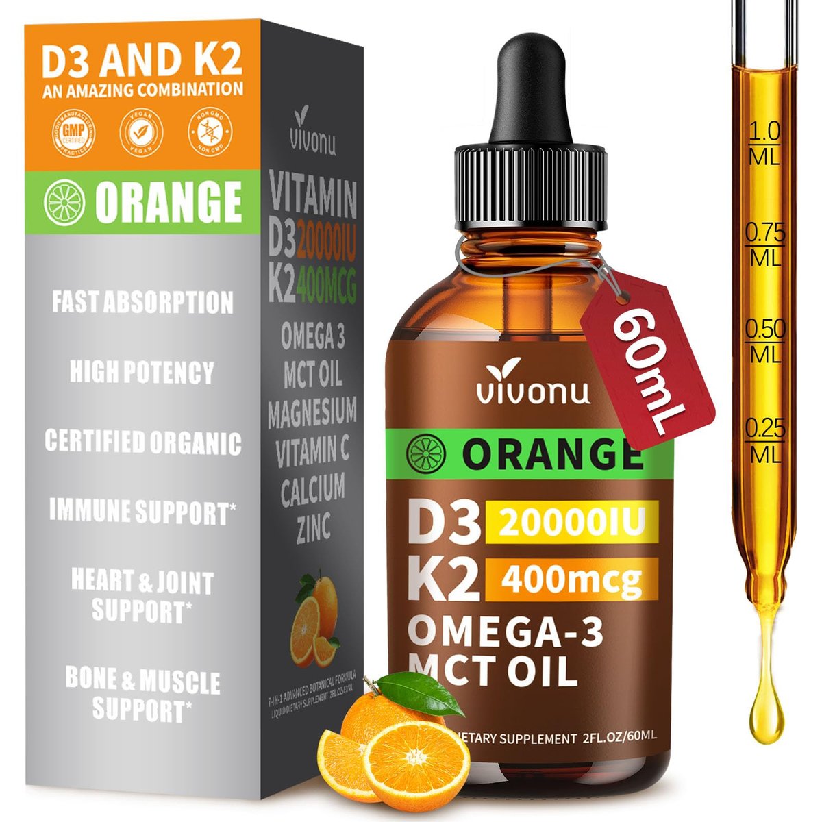 VivoNu Vitamin D3 K2 Tropfen – 20000 IE D3 & 400 µg K2 als MK-7 mit Magnesium, Calcium, Zink & Omega 3 – Orangen-Geschmack – 2 Unzen
