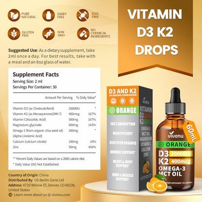 VivoNu Vitamin D3 K2 Tropfen – 20000 IE D3 & 400 µg K2 als MK-7 mit Magnesium, Calcium, Zink & Omega 3 – Orangen-Geschmack – 2 Unzen