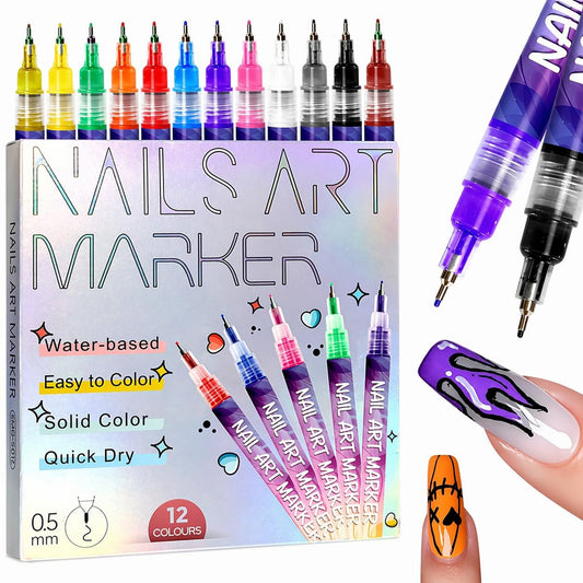 12 Farben Nagelkunstmarker, Nagelkunststifte, Nagellackstifte Set mit feiner Spitze, wasserbasierte schnell trocknende Tinte für DIY Nagelkunst, Maniküre & Nageldesign