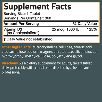Bronson Vitamin D3 1000 IE (25 µg) Niedrig dosiertes Vitamin D, 360 Tabletten