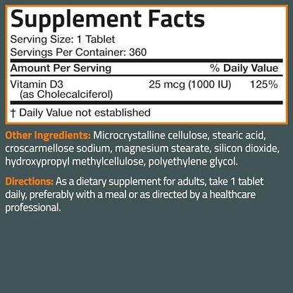 Bronson Vitamin D3 1000 IE (25 µg) Niedrig dosiertes Vitamin D, 360 Tabletten