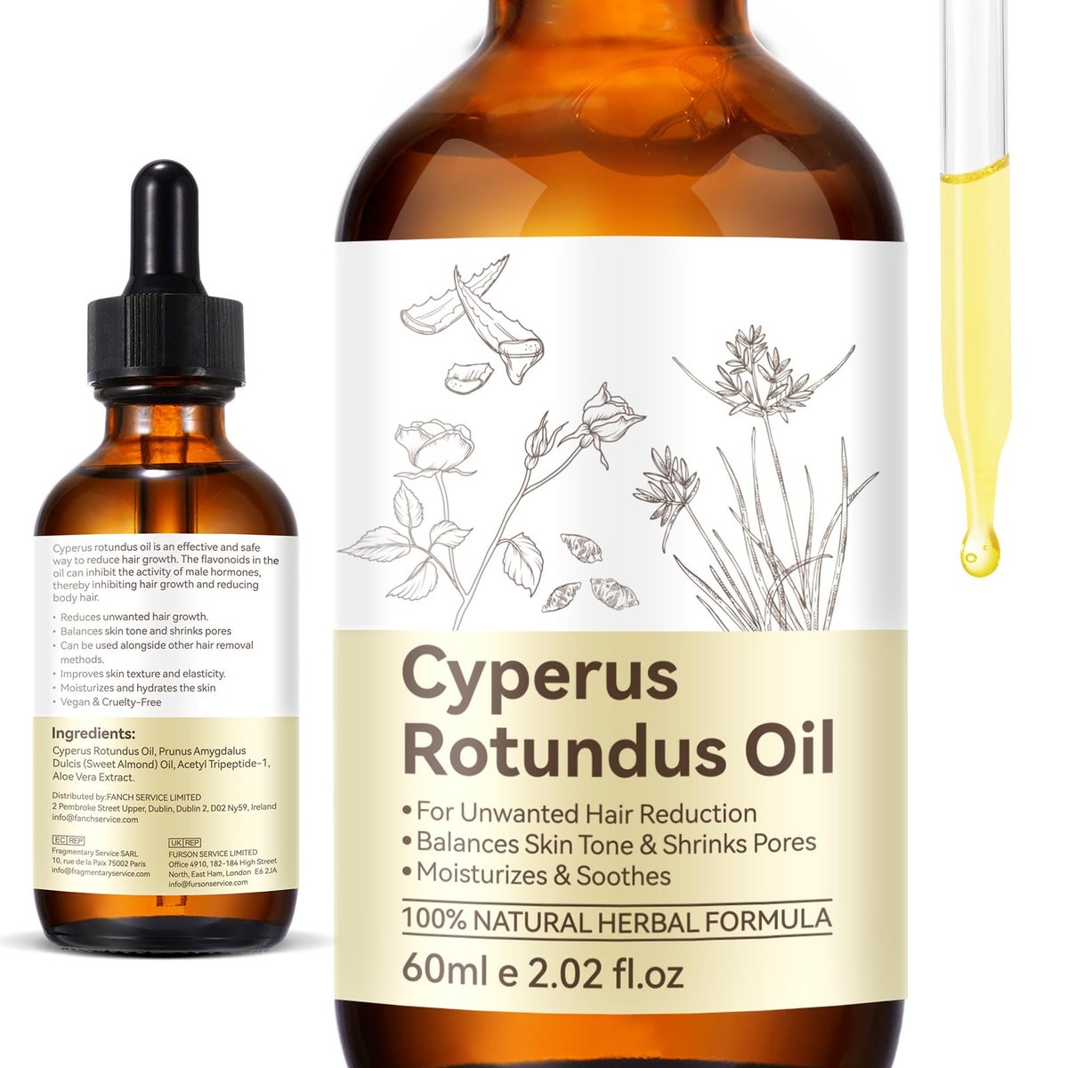 NIFEISHI Cyperus Rotundus Öl für Haarentfernung – Natürliche Formel zur Reduzierung unerwünschter Körperbehaarung, Verkleinerung der Poren, Feuchtigkeitspflege & Beruhigung der Haut – Sanft & geeignet für alle Hauttypen – 2,02 Fl Oz / 60 ml