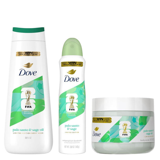 Dove FIFA WM 2026 Limited Edition Hydrating Regimen 3er-Pack – Körperwäsche mit Palo Santo & Salbeiöl, 24-Stunden-Feuchtigkeitspflege, vegan & dermatologisch empfohlen