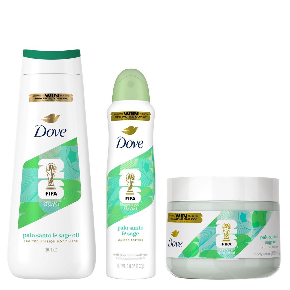 Dove FIFA WM 2026 Limited Edition Hydrating Regimen 3er-Pack – Körperwäsche mit Palo Santo & Salbeiöl, 24-Stunden-Feuchtigkeitspflege, vegan & dermatologisch empfohlen