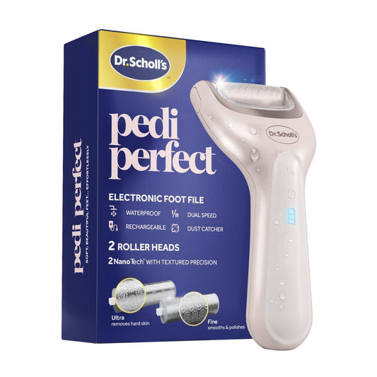 Dr. Scholl's Pedi Perfect Elektrischer Hornhautentferner für die Füße, wasserdicht, wiederaufladbar, mit 2 Rollenköpfen, 90 Minuten Laufzeit, Staubauffangbehälter