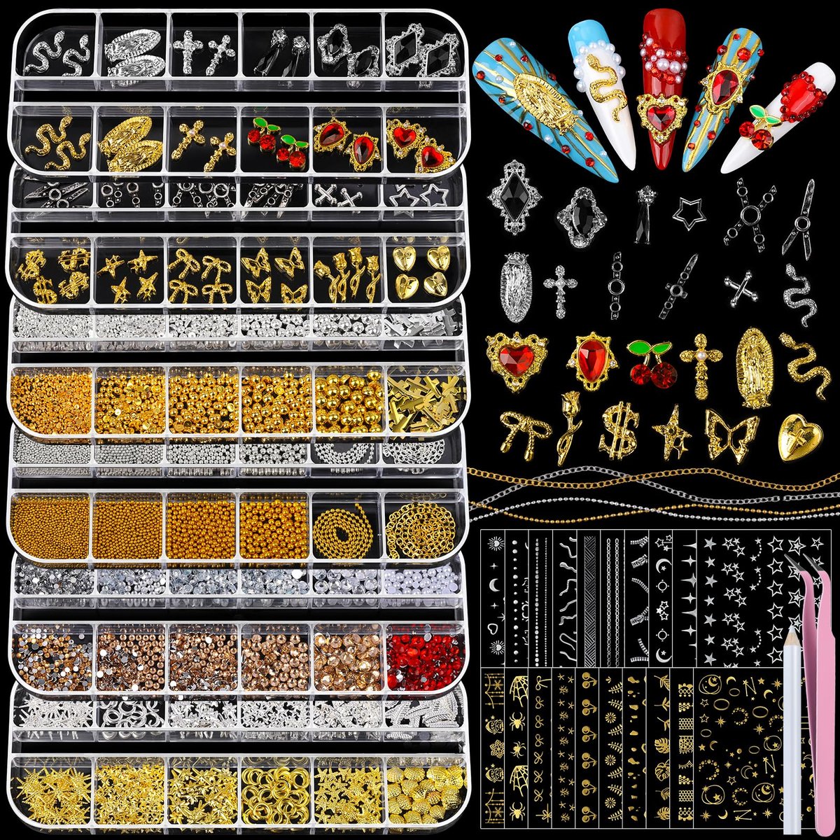 Teenitor Nagelsteine und Strasssteine mit Nagelstickern, 6 Boxen Silber & Gold Nagelsteine und Strasssteine Set für Frauen, 3D Nagelkunst Strasssteine, Nagelperlen, Kaviarperlen für Nägel, Y2K & Kreuz Nagelanhänger