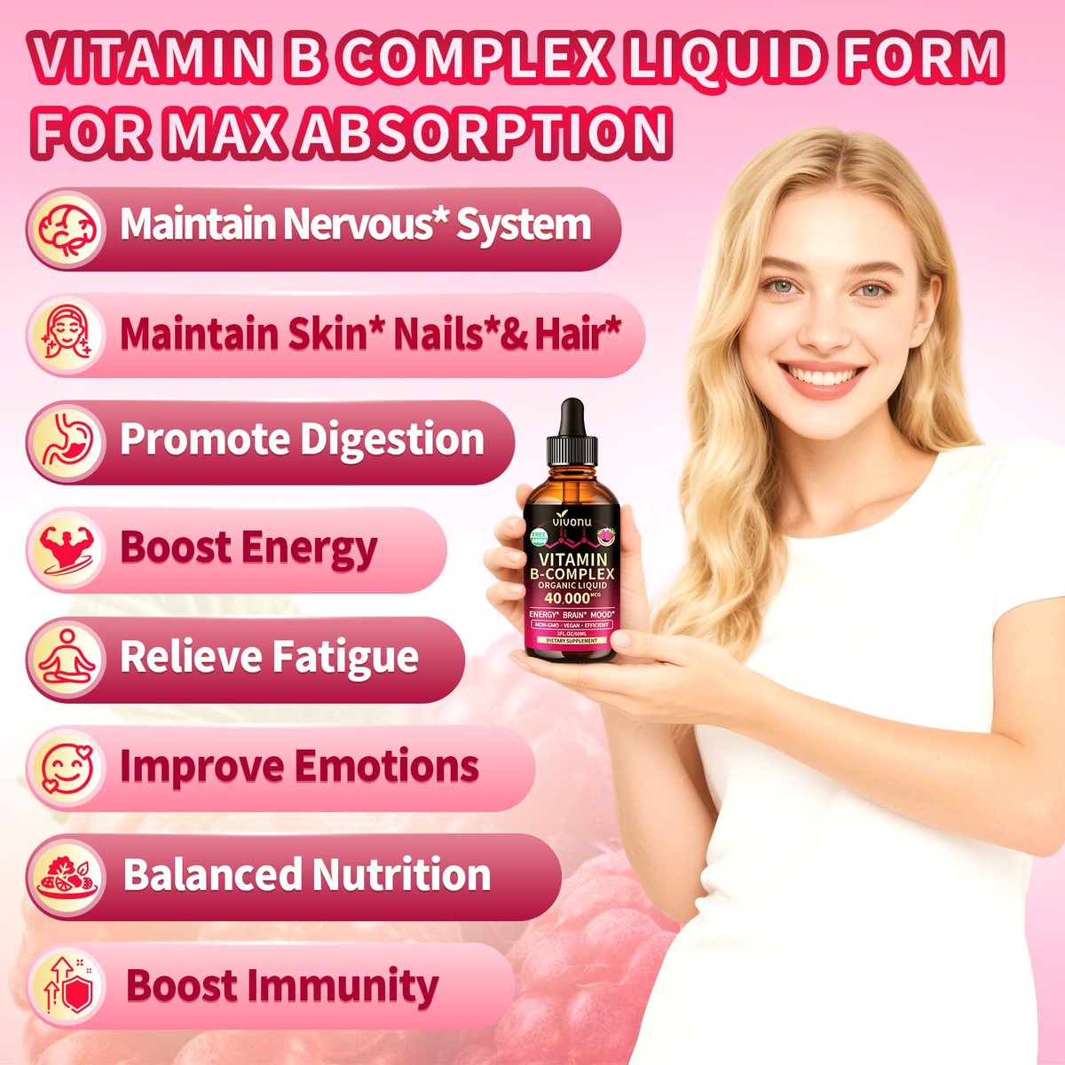 VivoNu Vitamin B Komplex flüssige Tropfen, methyliertes Vitamin B12 6000 mcg, B1, B6, B3, B5, B2, Folat, Biotin mit Vitamin C D A E, Magnesium, Zink, CoQ10 für Energie (1 Flasche)