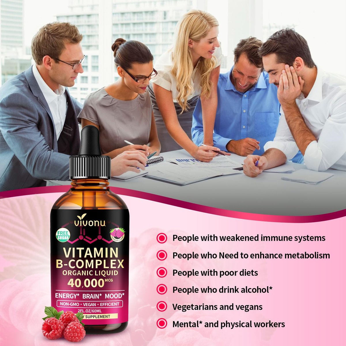 VivoNu Vitamin B Komplex flüssige Tropfen, methyliertes Vitamin B12 6000 mcg, B1, B6, B3, B5, B2, Folat, Biotin mit Vitamin C D A E, Magnesium, Zink, CoQ10 für Energie (1 Flasche)
