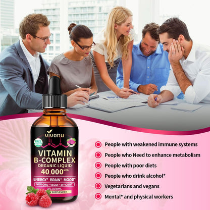 VivoNu Vitamin B Komplex flüssige Tropfen, methyliertes Vitamin B12 6000 mcg, B1, B6, B3, B5, B2, Folat, Biotin mit Vitamin C D A E, Magnesium, Zink, CoQ10 für Energie (1 Flasche)
