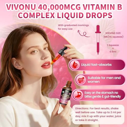 VivoNu Vitamin B Komplex flüssige Tropfen, methyliertes Vitamin B12 6000 mcg, B1, B6, B3, B5, B2, Folat, Biotin mit Vitamin C D A E, Magnesium, Zink, CoQ10 für Energie (1 Flasche)