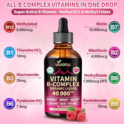 VivoNu Vitamin B Komplex flüssige Tropfen, methyliertes Vitamin B12 6000 mcg, B1, B6, B3, B5, B2, Folat, Biotin mit Vitamin C D A E, Magnesium, Zink, CoQ10 für Energie (1 Flasche)